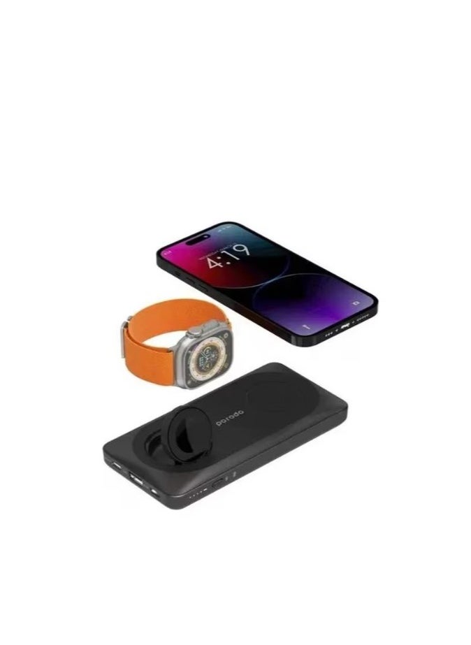 10000 MAH Mag safe Power bank With Foldable Apple Watch Charger PD 20W Black