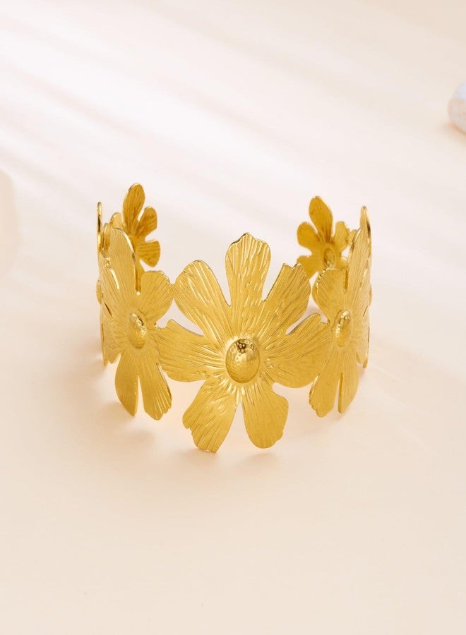 RINHOO Wide Gold Cuff Bracelets for Women Starfish Shell Bow Statement Open Bangle Stainless Steel Chunky Hammered Floral Bangle Bracelets Jewelry (Style 13-Flower) - Image 3