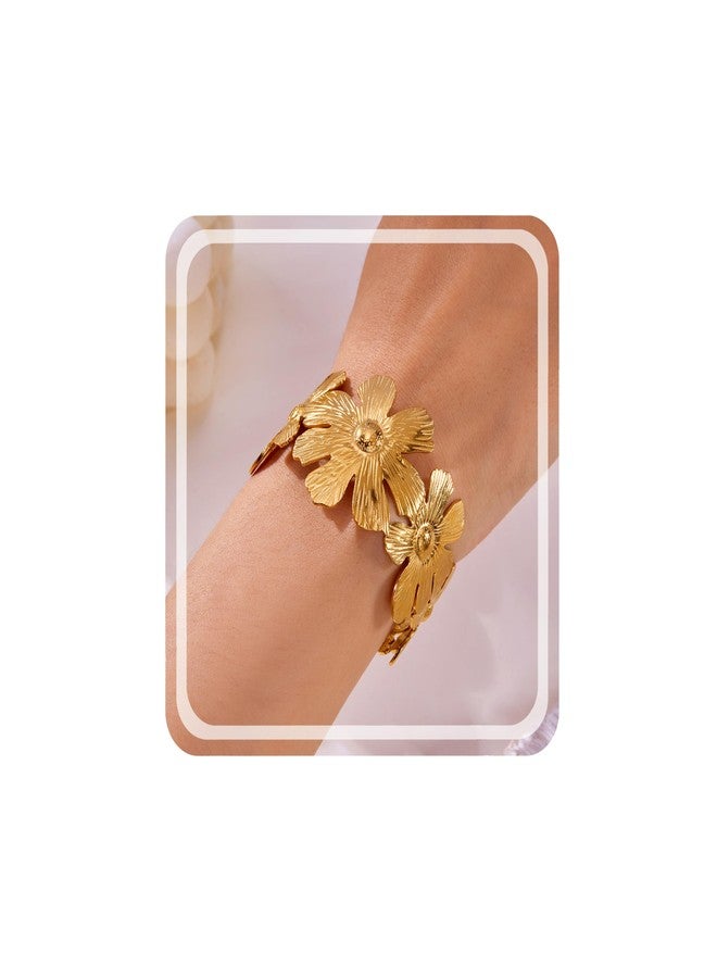 RINHOO Wide Gold Cuff Bracelets for Women Starfish Shell Bow Statement Open Bangle Stainless Steel Chunky Hammered Floral Bangle Bracelets Jewelry (Style 13-Flower) - Image 1