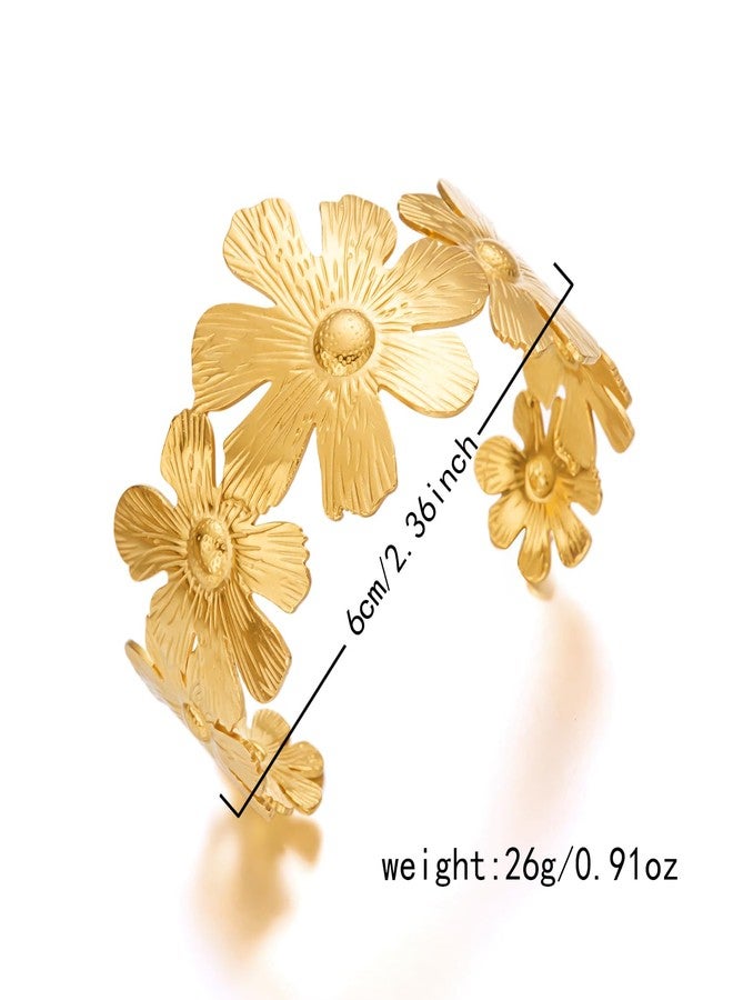 RINHOO Wide Gold Cuff Bracelets for Women Starfish Shell Bow Statement Open Bangle Stainless Steel Chunky Hammered Floral Bangle Bracelets Jewelry (Style 13-Flower) - Image 2