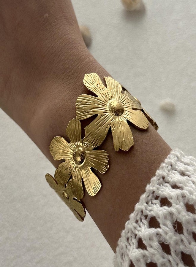 RINHOO Wide Gold Cuff Bracelets for Women Starfish Shell Bow Statement Open Bangle Stainless Steel Chunky Hammered Floral Bangle Bracelets Jewelry (Style 13-Flower) - Image 5