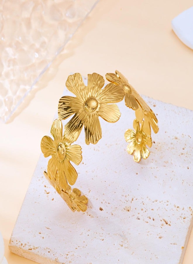RINHOO Wide Gold Cuff Bracelets for Women Starfish Shell Bow Statement Open Bangle Stainless Steel Chunky Hammered Floral Bangle Bracelets Jewelry (Style 13-Flower) - Image 4