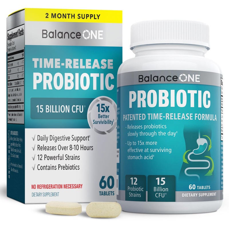 Balance ONE Balance ONE Probiotics for Women Men 15x Better Survivability vs Capsules 15 Billion CFU Probiotic for Gut Health 12 Strains Lactobacillus Plantarum Acidophilus Salivarius 60 Tablets