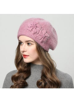 Generic Autumn Winter Knitted Fleece Lined Rabbit Fur Womens Hat Versatile Pearl Decorated Beret Cap Breathable Warm Windproof Hat Wine red  - Image 4