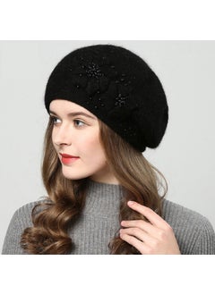 Generic Autumn Winter Knitted Fleece Lined Rabbit Fur Womens Hat Versatile Pearl Decorated Beret Cap Breathable Warm Windproof Hat Wine red  - Image 2