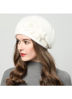 Generic Autumn Winter Knitted Fleece Lined Rabbit Fur Womens Hat Versatile Pearl Decorated Beret Cap Breathable Warm Windproof Hat Wine red  - Image 3