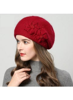 Generic Autumn Winter Knitted Fleece Lined Rabbit Fur Womens Hat Versatile Pearl Decorated Beret Cap Breathable Warm Windproof Hat Wine red  - Image 1