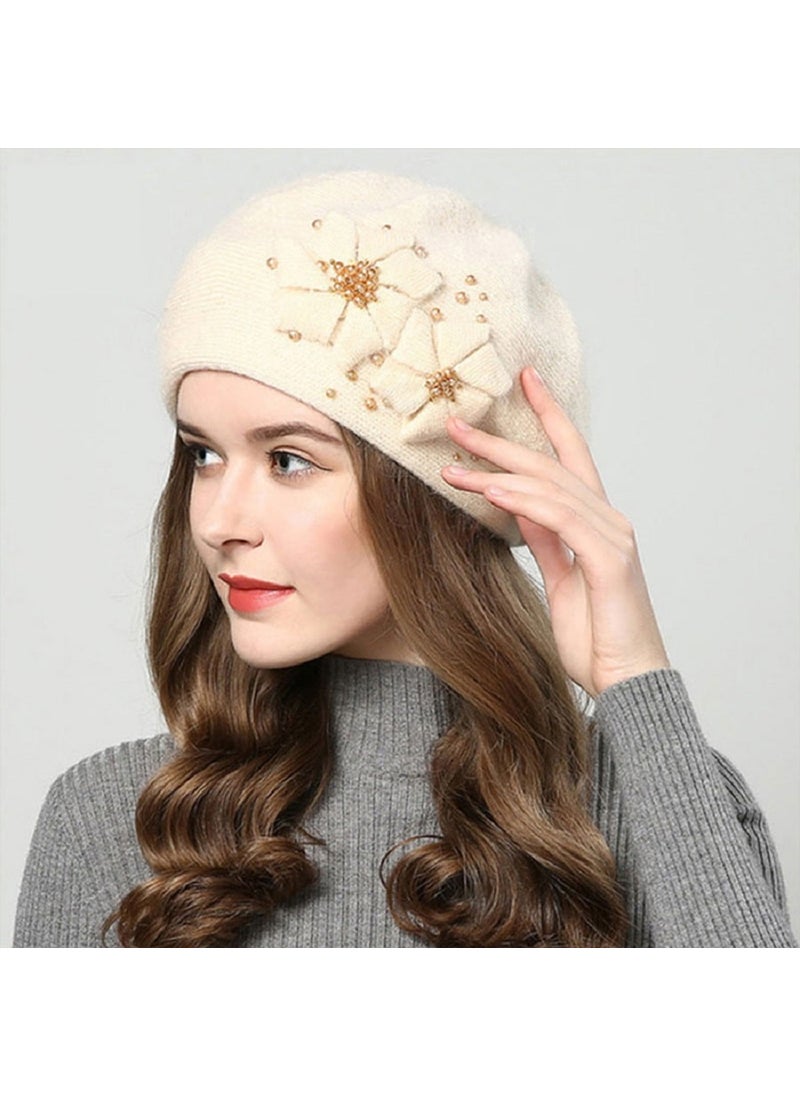 Generic - Autumn Winter Knitted Fleece Lined Rabbit Fur Womens Hat Versatile Pearl Decorated Beret Cap Breathable Warm Windproof Hat Wine red - Image 1