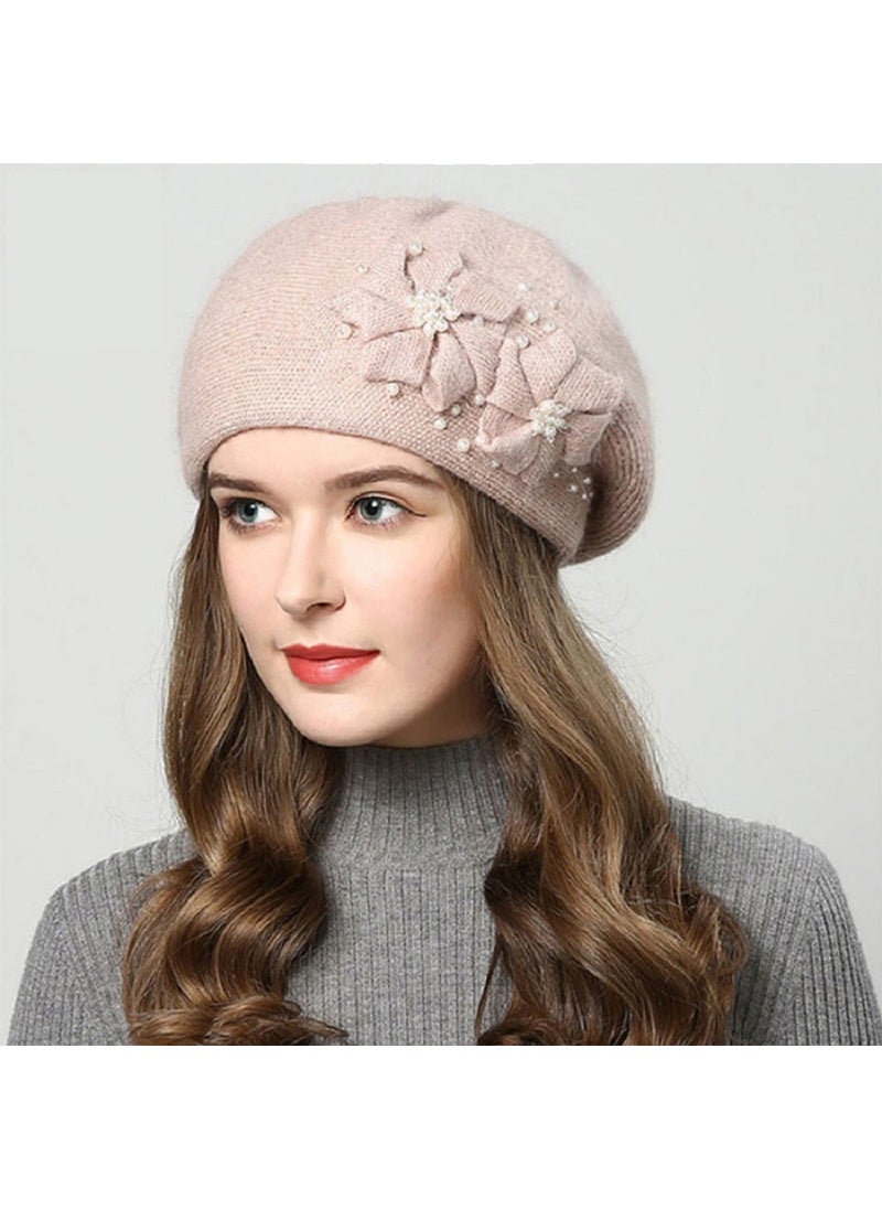 Generic - Autumn Winter Knitted Fleece Lined Rabbit Fur Womens Hat Versatile Pearl Decorated Beret Cap Breathable Warm Windproof Hat Wine red - Image 1