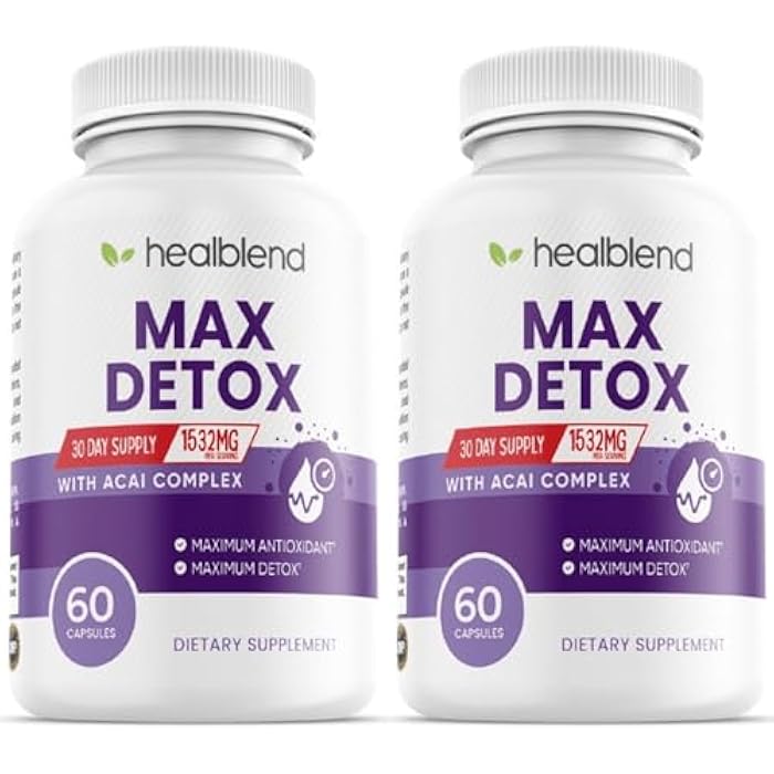 healblend Max Detox Supplement, Advanced Gut Cleanse Detox for Women & Men with Psyllium, Chlorella, Hyssop Herb & Papaya, with Acai Complex - Colon Cleanse - 60 Capsules (1) (2) - Image 1