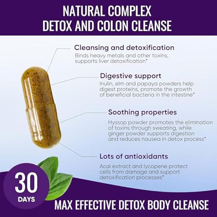 healblend Max Detox Supplement, Advanced Gut Cleanse Detox for Women & Men with Psyllium, Chlorella, Hyssop Herb & Papaya, with Acai Complex - Colon Cleanse - 60 Capsules (1) (2) - Image 3
