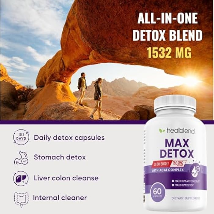 healblend Max Detox Supplement, Advanced Gut Cleanse Detox for Women & Men with Psyllium, Chlorella, Hyssop Herb & Papaya, with Acai Complex - Colon Cleanse - 60 Capsules (1) (2) - Image 4