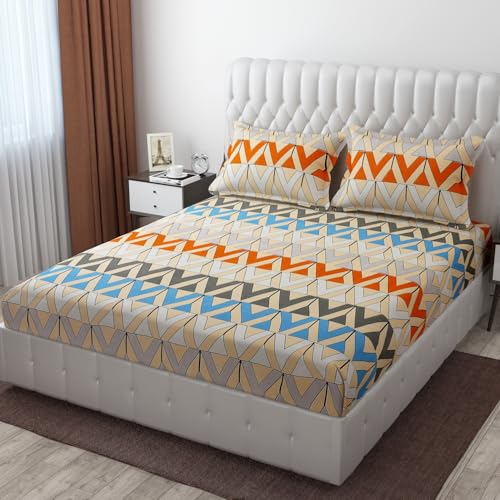 CB HOME Glace Cotton Fitted King Size Bedsheet for Double Bed with 2 Pillow Covers 72x78x8'' All Round Elastic (Print 7, Modern & Geometric King) - Image 1