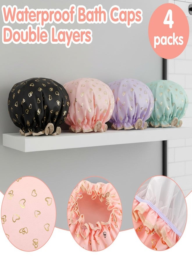 Yuanchu 4 Pcs Waterproof Shower Caps for Women, Elastic Band Bath Caps, Reusable Shower Hat Double Layer Shampoo Cap for Washing Hair Bathing SPA Makeup Cooking - Image 5
