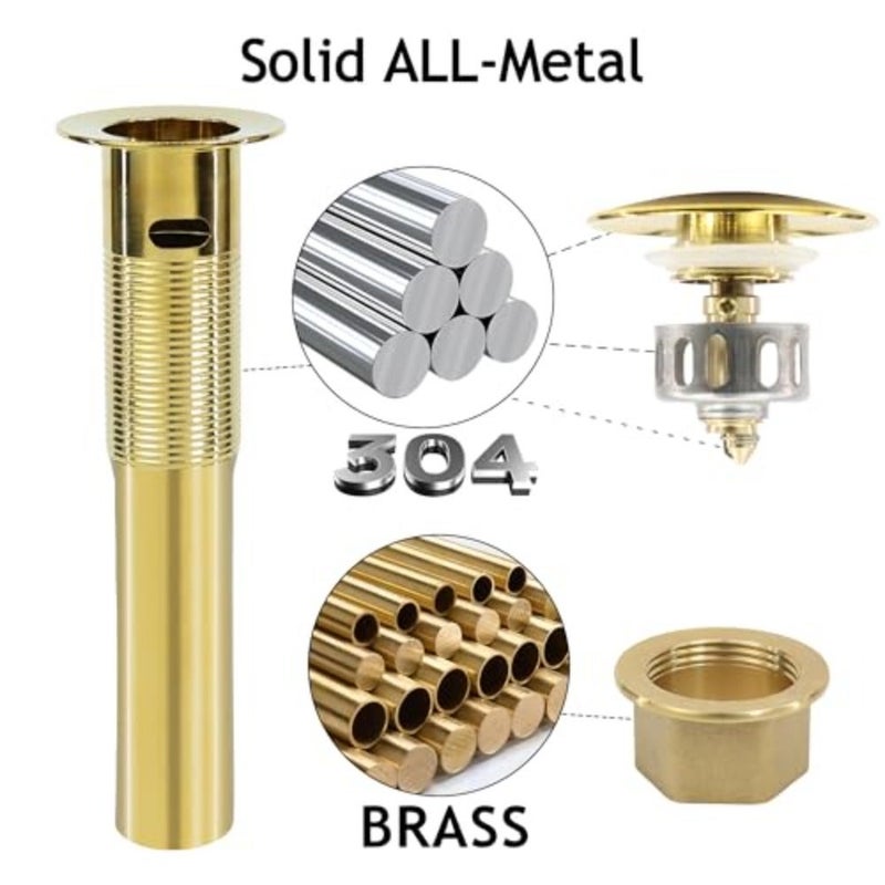 تصريف حوض الحمام، سدادة تصريف ذهبية، مجموعة تصريف منبثقة مع سلة مصفاة قابلة للفصل، مصفاة مدمجة مضادة للانسداد، من الفولاذ المقاوم للصدأ باللون الذهبي - Image 2