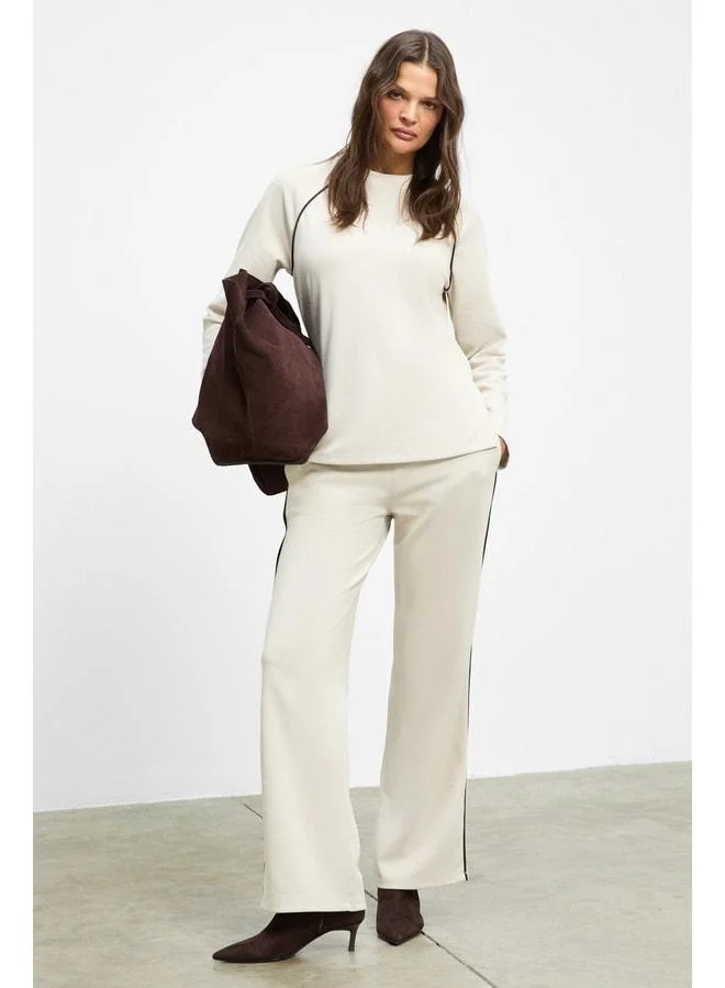 Ethiquet ELSBETH Women's Boat Neck Side Slit Raglan Sleeve Oversize Waist Elastic Pipe Leg Beige Top‑Bottom Set.