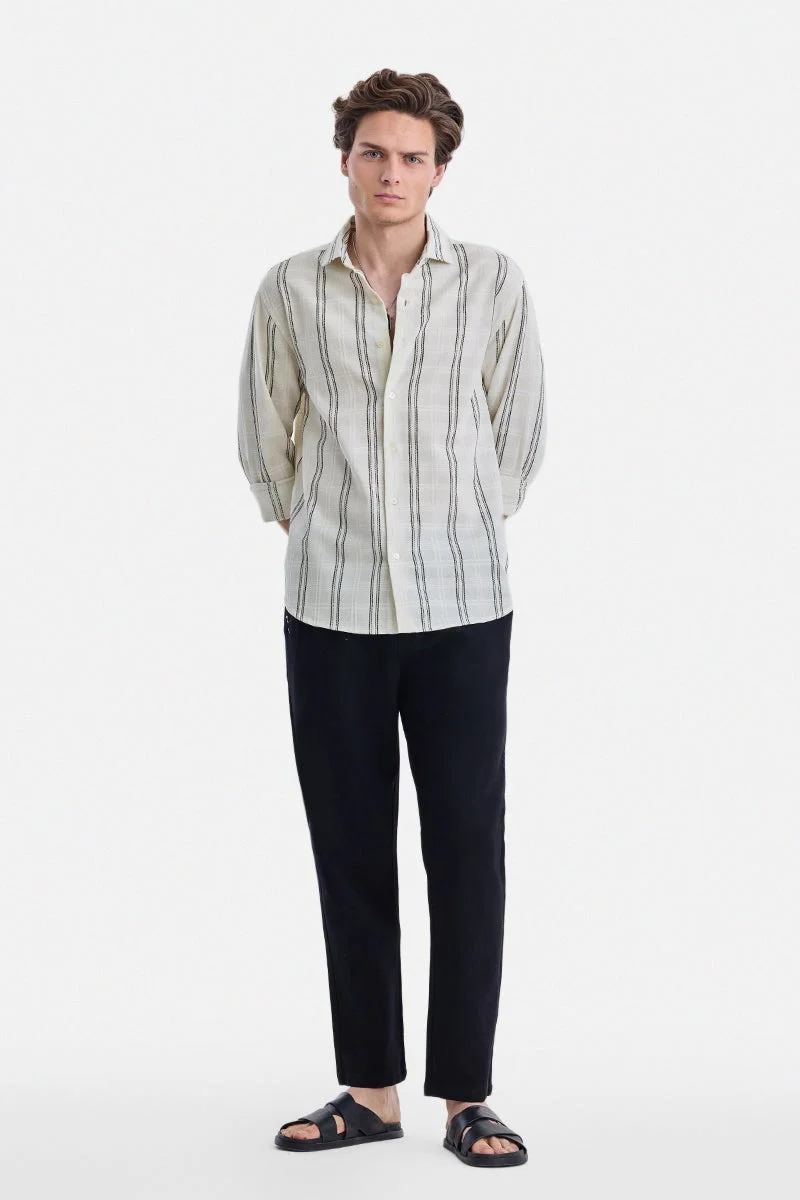 SNITCH Off White Striped Long Sleeve Regular Fit Shirt
