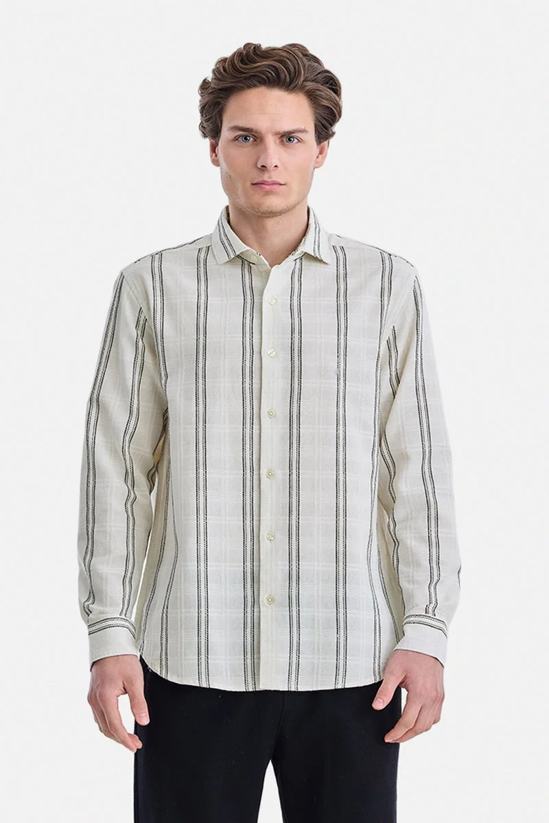 SNITCH Off White Striped Long Sleeve Regular Fit Shirt
