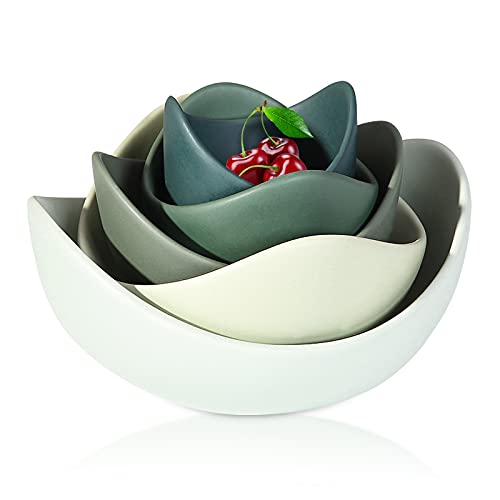 Notakia Salad Decorative Bowls Lotus Shaped Pasta Bowls Dishwasher & Microwave Safe, Unique Angled Ceramic Bowls for Salad, Pasta, Soup, Rice, Prep, Ideal for Restaurant (Green) - Image 1