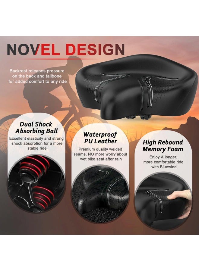 Bluewind Oversized Bike Seat, Wide Bicycle Saddle Novel Backrest Design Durable Leather Surface Compatible with Peloton, Universal Fit Exercise or Road Stationary Bike Seat Cushion for Men & Women (BK - Image 2