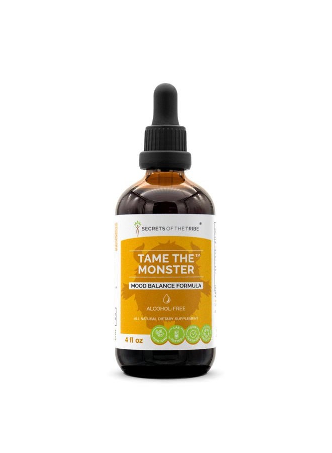 Secrets of the Tribe Tame The Monster Alcohol-Free Extract, Tincture, Glycerite Ashwagandha,St. John's Wort, Eleuthero Siberian Ginseng, Ginkgo, Valerian, Mucuna. Mood Balance Formula (4 FL OZ) - Image 1