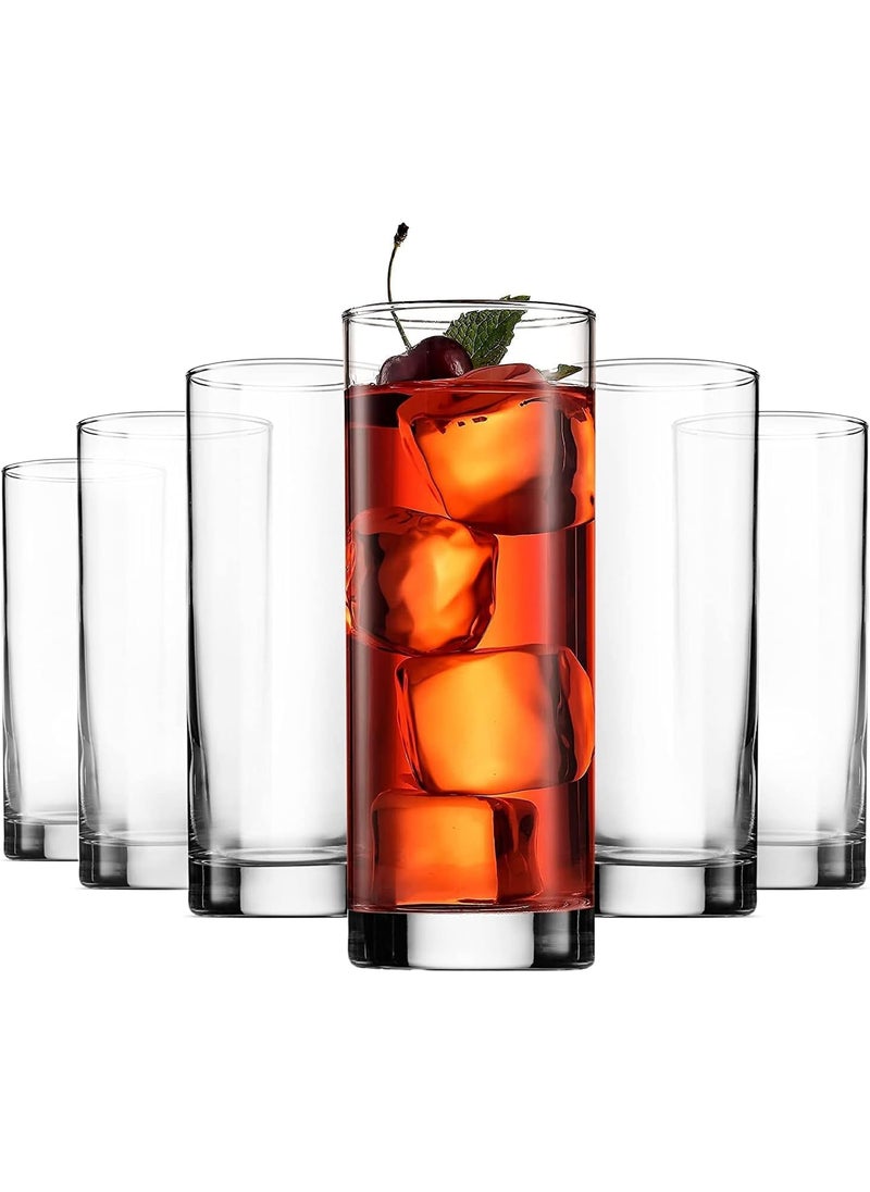 TRICSTER - TRICSTER Round Plaza Water Glass Heavy Base Water and Juice Glass, Long Highball Drinking Glasses Mojito Glass Cups, Tom Collins Bar and Mixed Drink Glass (Long Round Glass 300ML, 6 PCS) - Image 1