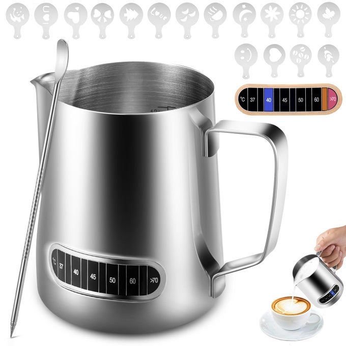 MILK FROTHING PITCHER 350 ML12 OZ 304 STAINLESS STEEL MILK PITCHER WITH THERMOMETERLATTE DECORATING ART PEN AND 16 PCS COFFEE STENCILSMETAL BARISTA ACCESSORIES FOR COFFEELATTE CAPPUCCINO