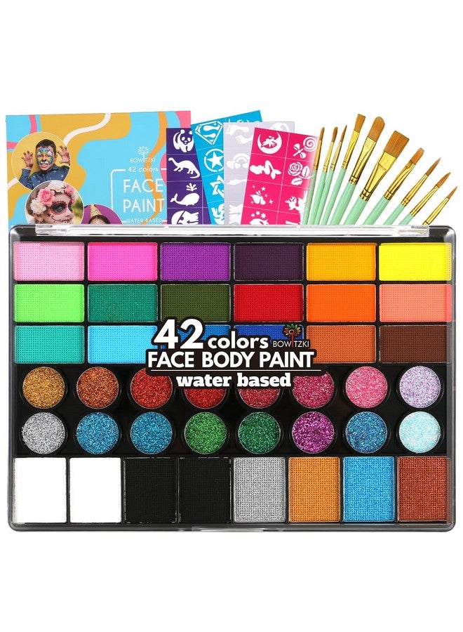 Bowitzki Face Paint Kit,Water Based Non Toxic Face Paint Palette With 24 Colors,16 Glitters, 32 Stencils & 10Pcs Brushes, Professional Body Face Paint Makeup For Party,Halloween,Carnival,Festival - Image 1