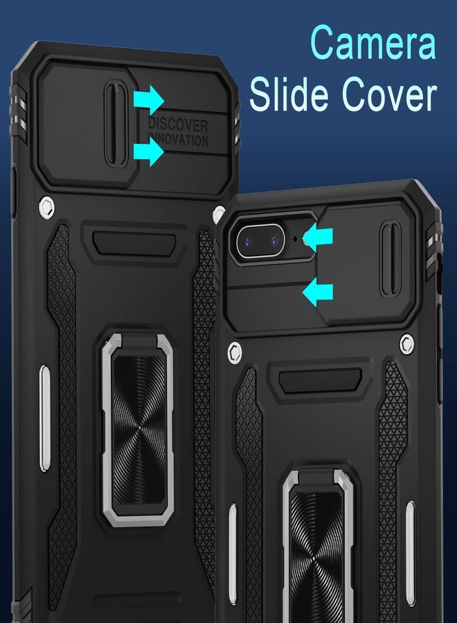 DEERLAMN for iPhone 7 Plus Case, iPhone 8 Plus Case with Slide Camera Cover+Screen Protector(1 Pack), Rotated Ring Kickstand Military Grade Shockproof Protective Cover-Black - Image 3