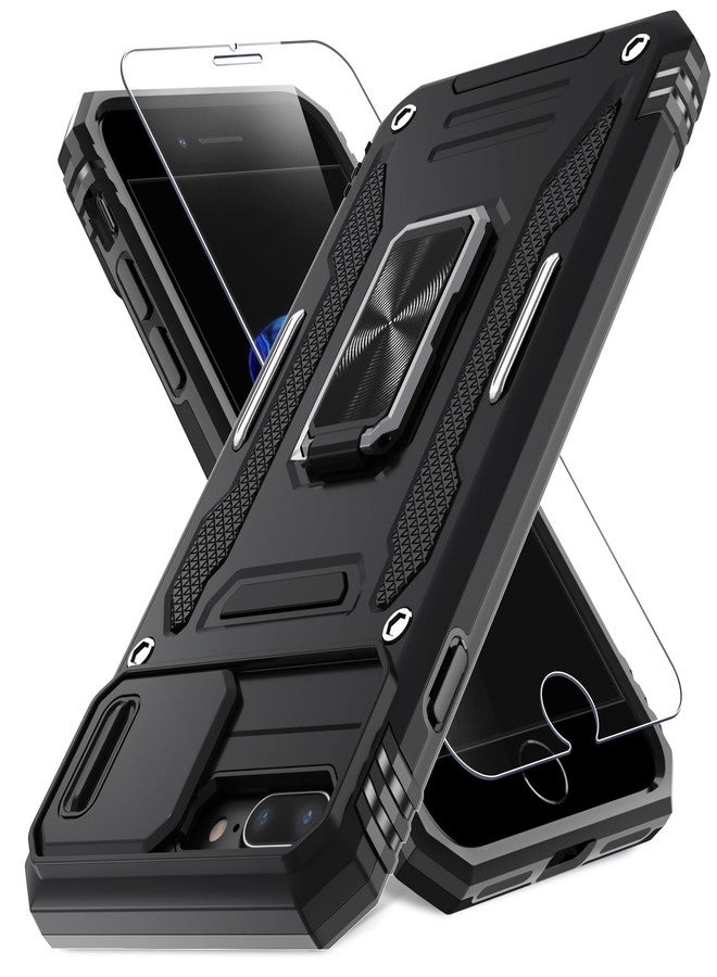 DEERLAMN for iPhone 7 Plus Case, iPhone 8 Plus Case with Slide Camera Cover+Screen Protector(1 Pack), Rotated Ring Kickstand Military Grade Shockproof Protective Cover-Black - Image 1