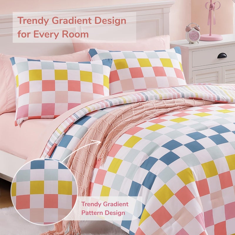 Wink Deer Twin Comforter Set for Girls-5 Pieces Colorful Check Twin Bedding Sets for Kids, Ultra Soft Bed in A Bag with Sheets - Image 4