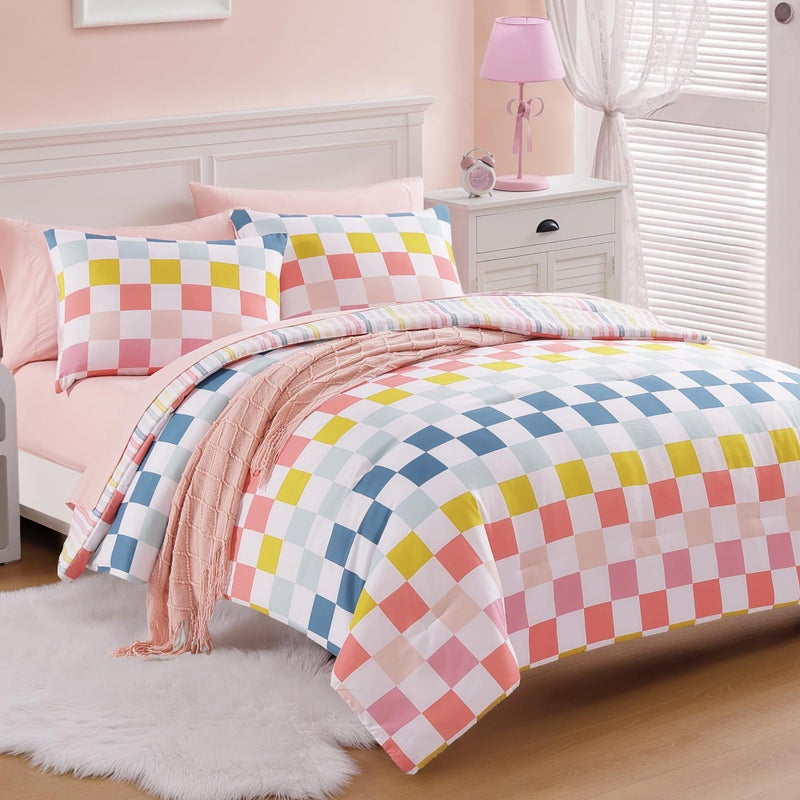 Wink Deer Twin Comforter Set for Girls-5 Pieces Colorful Check Twin Bedding Sets for Kids, Ultra Soft Bed in A Bag with Sheets - Image 2