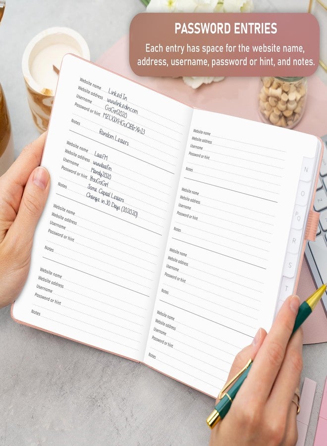 GoGirl Password Book with Alphabetical tabs - Internet Address & Password Keeper Logbook for Password Organization, Journal Notebook for Saving Website Logins. Medium Size 5.3″ x 7.7″, Rose Gold - Image 3
