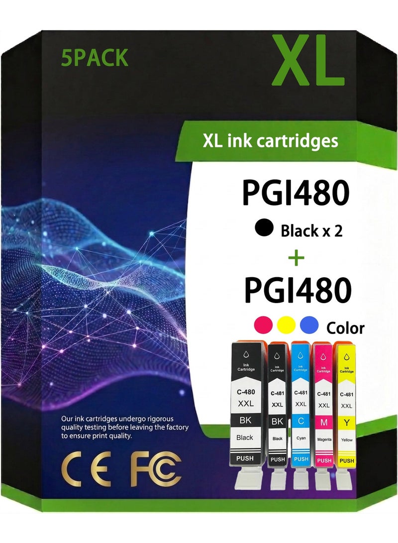 خراطيش حبر متوافقة بديلة لـ PGI-480 CLI-481 XXL، للاستخدام مع طابعات TS6140 TS6240 TS704 TS8140 TS9140 TS9540 TR7540 TR8540 (عبوة من 5، أسود عريض/أسود/سماوي/أرجواني/أصفر)Package Includes: 5-Pack compatible ink cartridges replacement for PGI-480 CLI-481 XXL (1 PGBK, 1 Black, 1 Cyan, 1 Magenta, 1 Yellow). Individually vacuum-sealed for safe transit to the Middle East without leakage. - Image 1