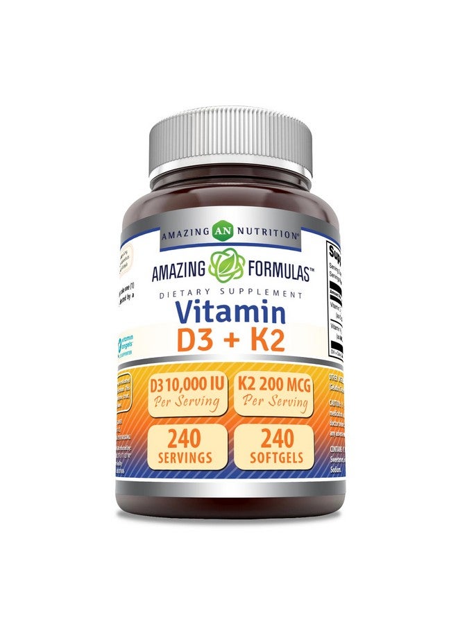 Amazing Nutrition أمزينغ فورمولا فيتامين د3 10000 وحدة دولية مع فيتامين ك2 200 ميكروغرام | مكمل د3 + ك2 المعقد | غير معدّل وراثيًا | خالي من الغلوتين | صنع في الولايات المتحدة الأمريكية (1 عبوة، 240 حبة) - Image 1