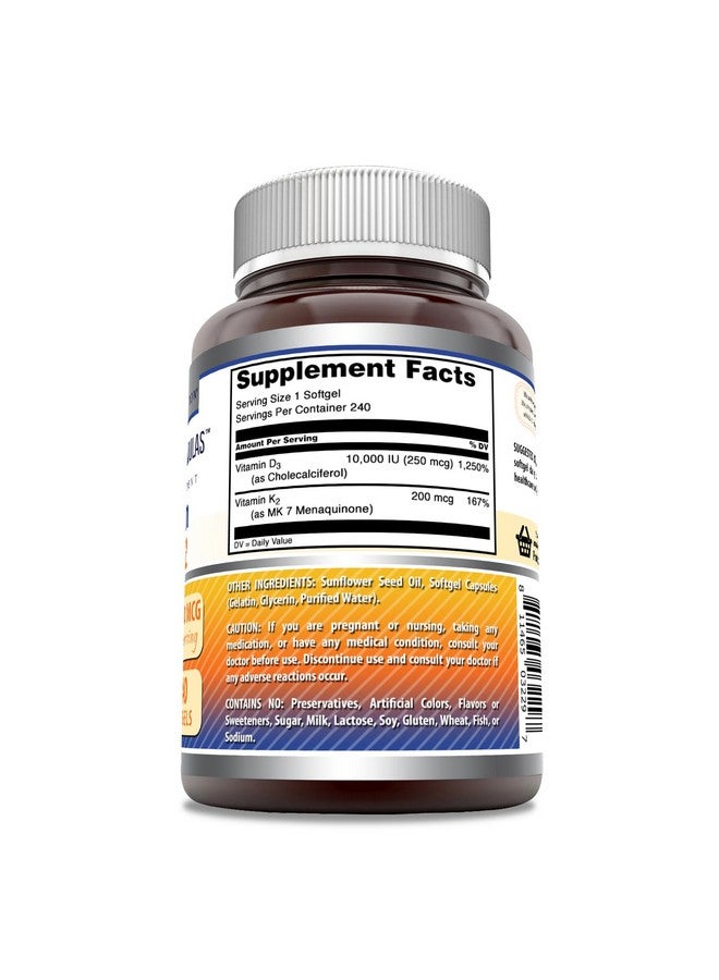 Amazing Nutrition أمزينغ فورمولا فيتامين د3 10000 وحدة دولية مع فيتامين ك2 200 ميكروغرام | مكمل د3 + ك2 المعقد | غير معدّل وراثيًا | خالي من الغلوتين | صنع في الولايات المتحدة الأمريكية (1 عبوة، 240 حبة) - Image 2