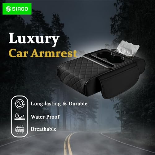 SIAGO SIA399 Premium Car Armrest Cover | 5-in-1 Center Console Organizer with Cup Holder, Phone Slot, & Storage Bags | Anti-Slip PU Leather Cushion for Sedans & SUVs (Black) - Image 3