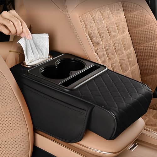 SIAGO SIA399 Premium Car Armrest Cover | 5-in-1 Center Console Organizer with Cup Holder, Phone Slot, & Storage Bags | Anti-Slip PU Leather Cushion for Sedans & SUVs (Black) - Image 1