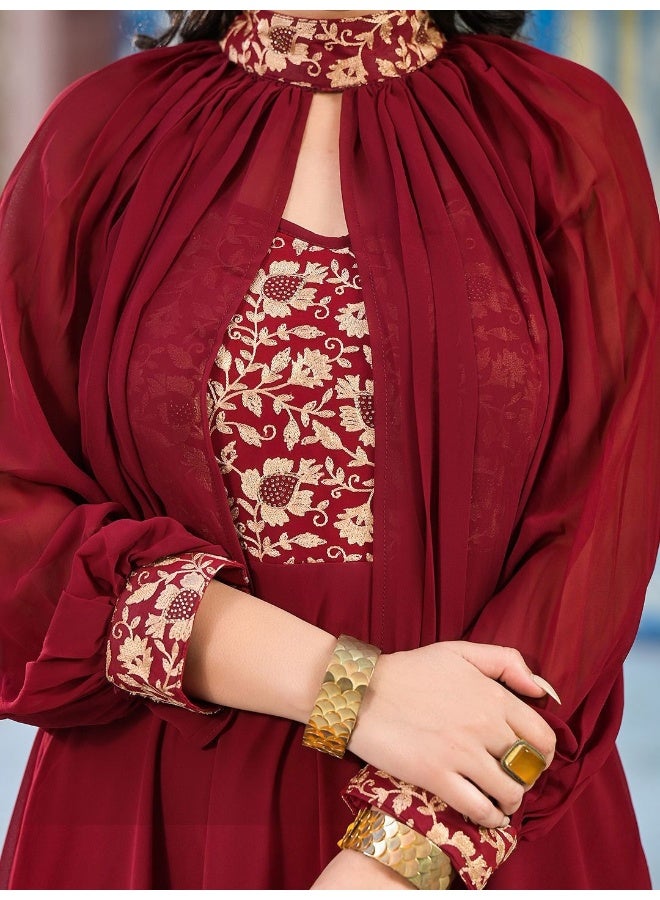 AKS Burgundy Maxi Dress With Flared Sleeve  - Image 2