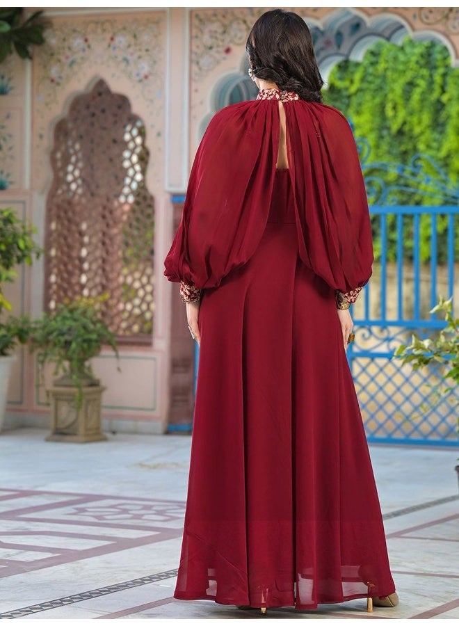 AKS Burgundy Maxi Dress With Flared Sleeve  - Image 4