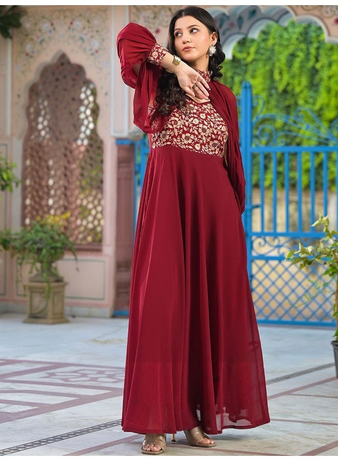 AKS Burgundy Maxi Dress With Flared Sleeve  - Image 3