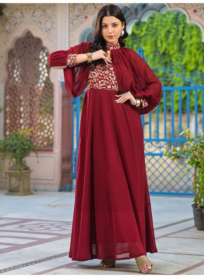 AKS Burgundy Maxi Dress With Flared Sleeve  - Image 1
