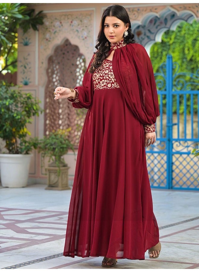 AKS Burgundy Maxi Dress With Flared Sleeve  - Image 5