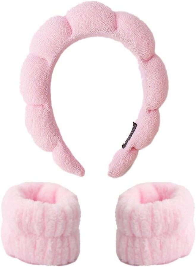 GOMNIK 3-Piece Microfiber Skincare Set - Makeup Headband with Face Wash Wristbands for Women - Soft Headband & Wristbands to Keep Hair & Sleeves Dry During Facial Care (Pink, Standard) - Image 1
