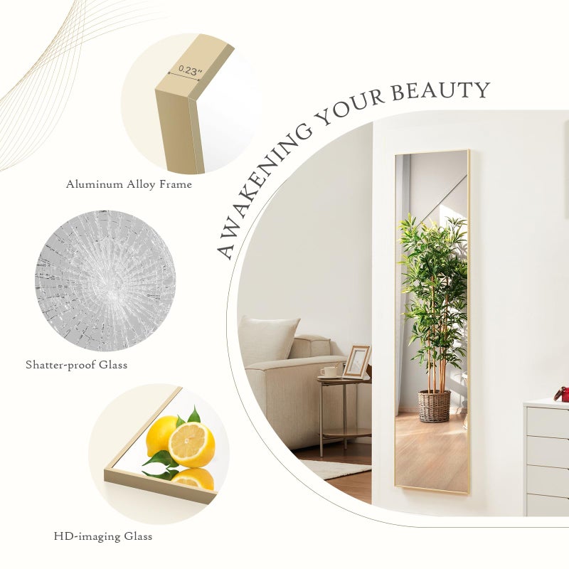 Aidoly Mirror Full Length, Upgraded 16"x59" Body Wall Mirrors with Shatter-Proof Glass, Floor Standing, Hanging or Leaning, Tall Mirror with Stand Aluminum Alloy Frame for Bedroom, Gold - Image 3