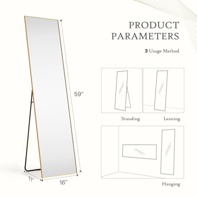 Aidoly Mirror Full Length, Upgraded 16"x59" Body Wall Mirrors with Shatter-Proof Glass, Floor Standing, Hanging or Leaning, Tall Mirror with Stand Aluminum Alloy Frame for Bedroom, Gold - Image 2