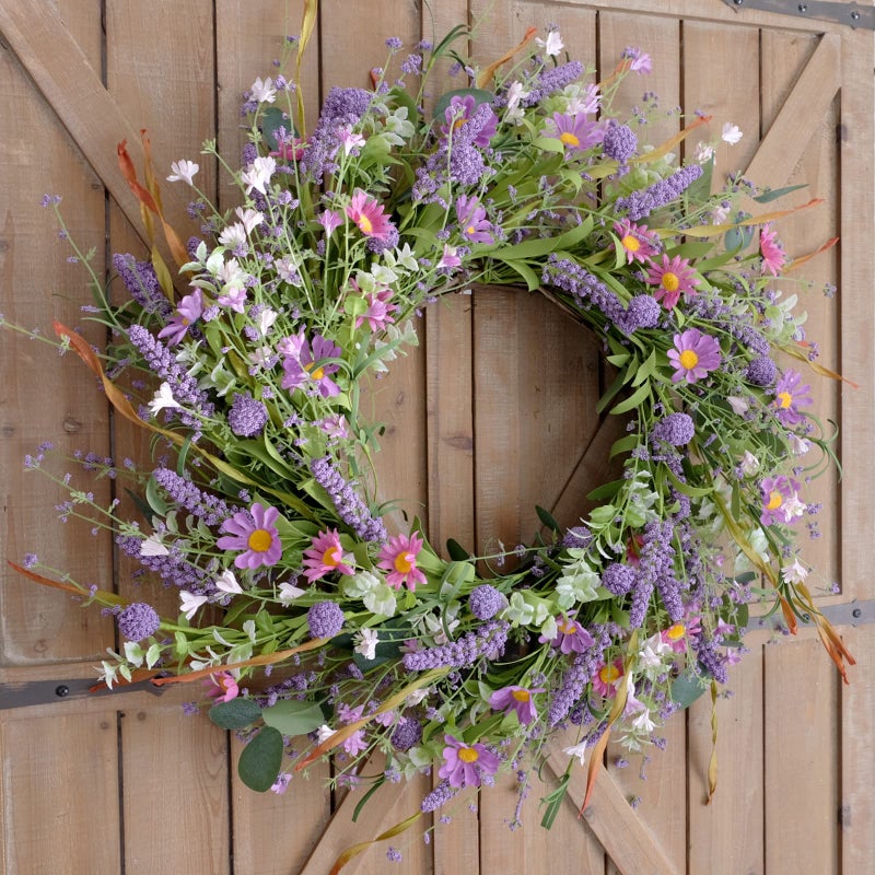 Bibelot 22 Inch Purple Flower Wreath - Spring/Summer Artificial Wildflowers & Green Leaves for Front Door, Indoor/Outdoor - Image 3