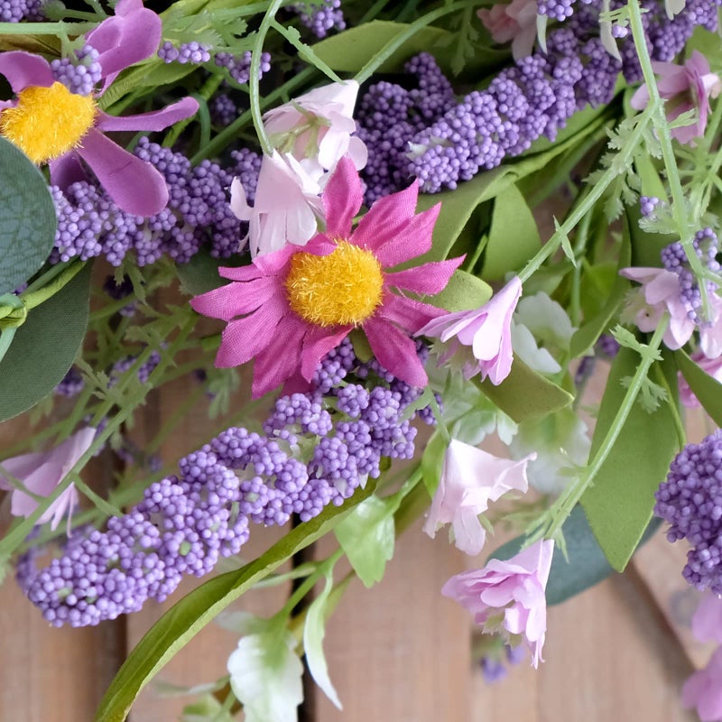 Bibelot 22 Inch Purple Flower Wreath - Spring/Summer Artificial Wildflowers & Green Leaves for Front Door, Indoor/Outdoor - Image 4