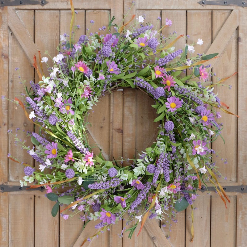 Bibelot 22 Inch Purple Flower Wreath - Spring/Summer Artificial Wildflowers & Green Leaves for Front Door, Indoor/Outdoor - Image 2