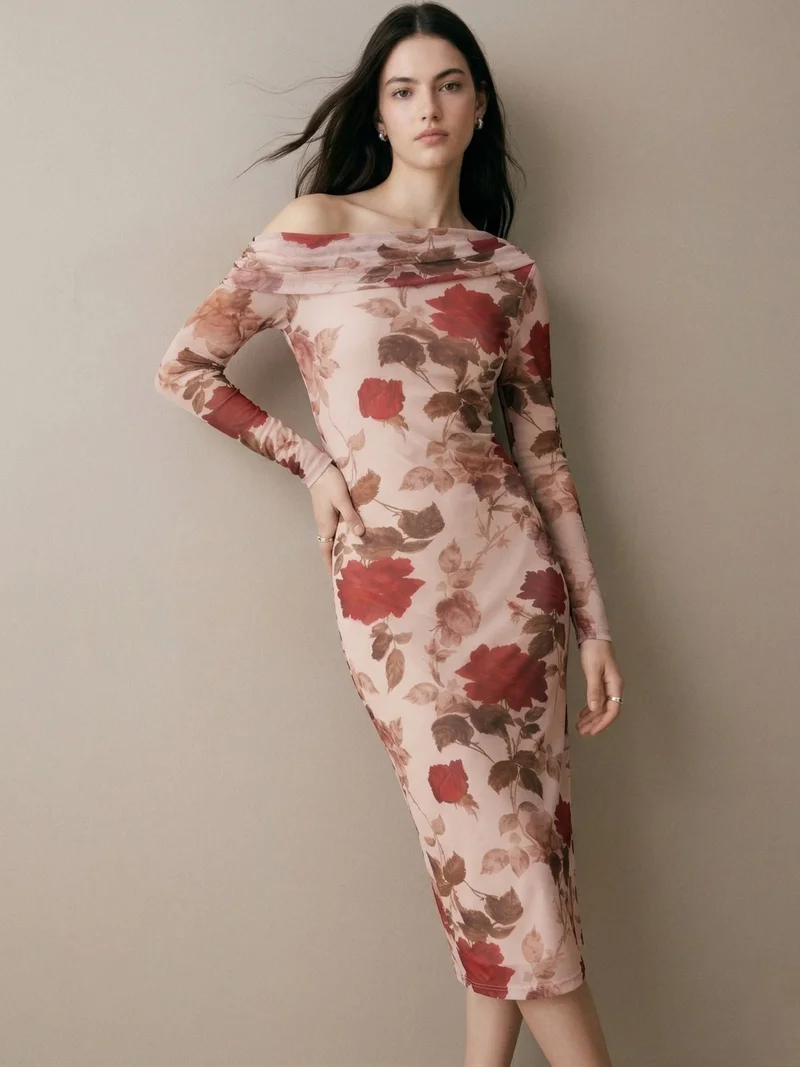 OUTZIDR  Beige Mesh Printed Off-Shoulder Midi Dress for Women | Best Price UAE